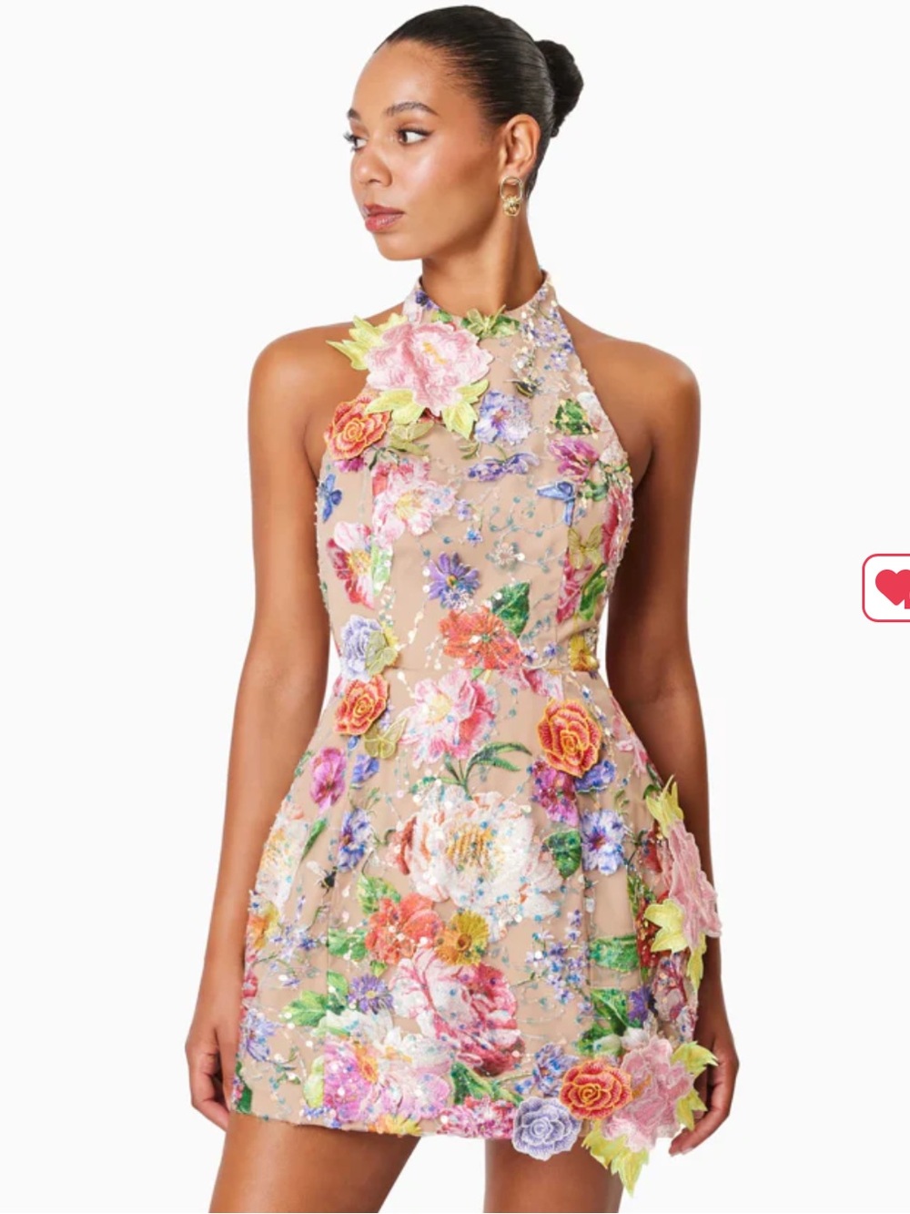 Elliatt Brown Halter Mini Dress with Multicolor Floral Embroidery